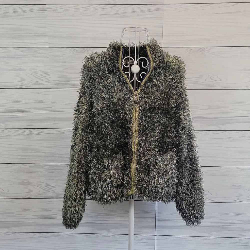 Jamie Sadock Eyelash Yarn Knit Zip Front Sweater Green & Blue Womens Size M